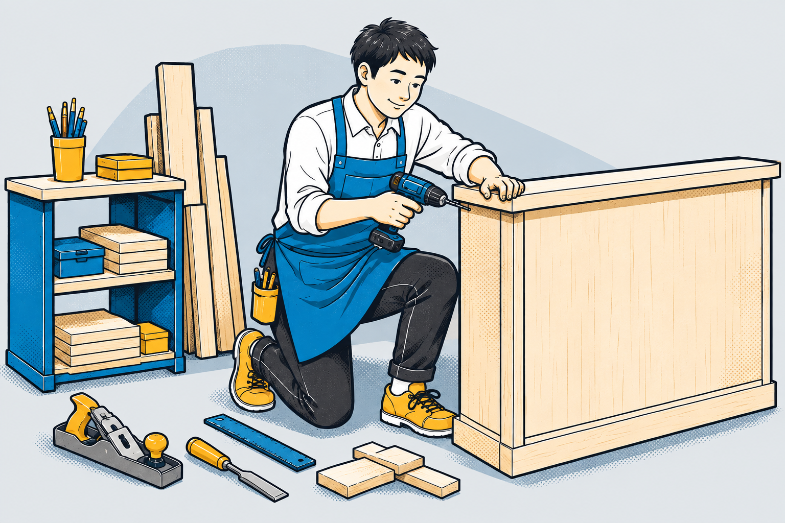 木製カウンターを制作する日本人スタッフのイラスト