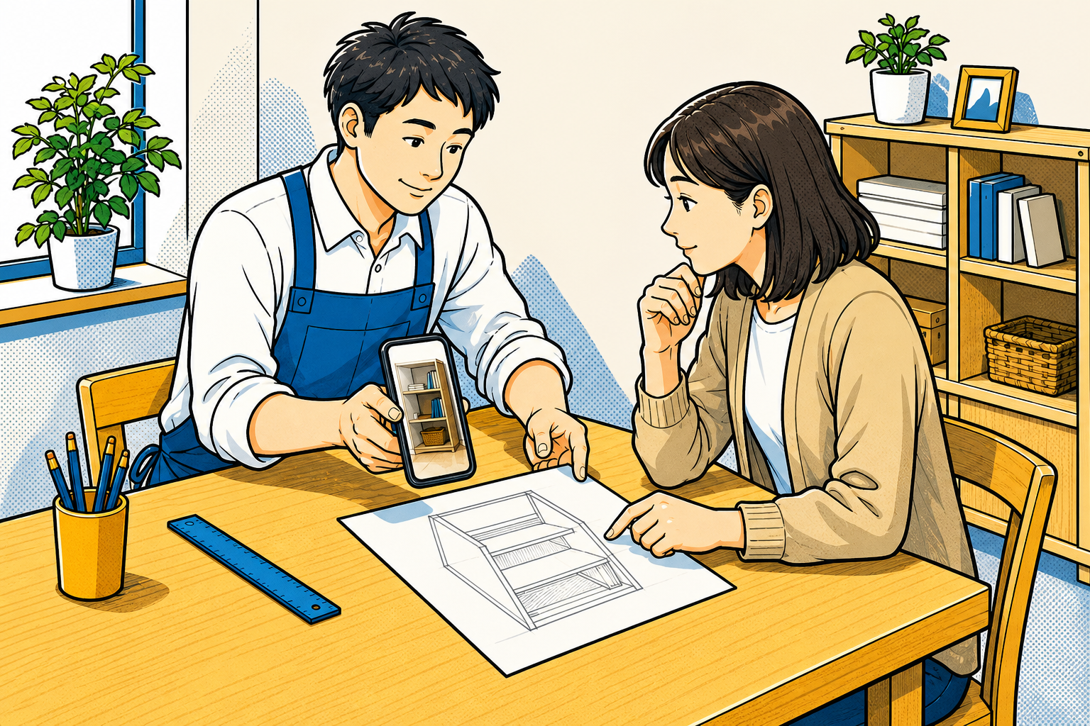 日本人スタッフと日本人のお客さまが写真を見ながら相談するイラスト