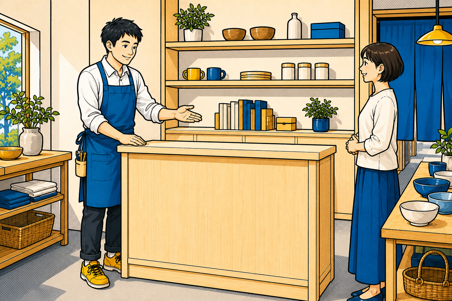 日本人スタッフが店舗に合わせた木製カウンターを案内するイラスト