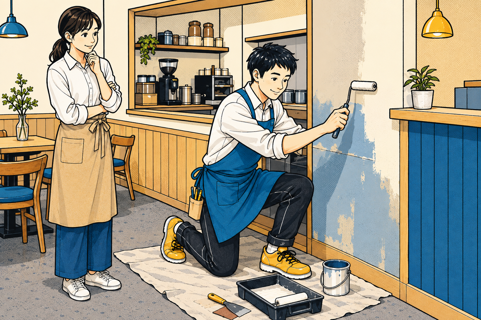 日本人スタッフが店舗の部分改修を行うイラスト