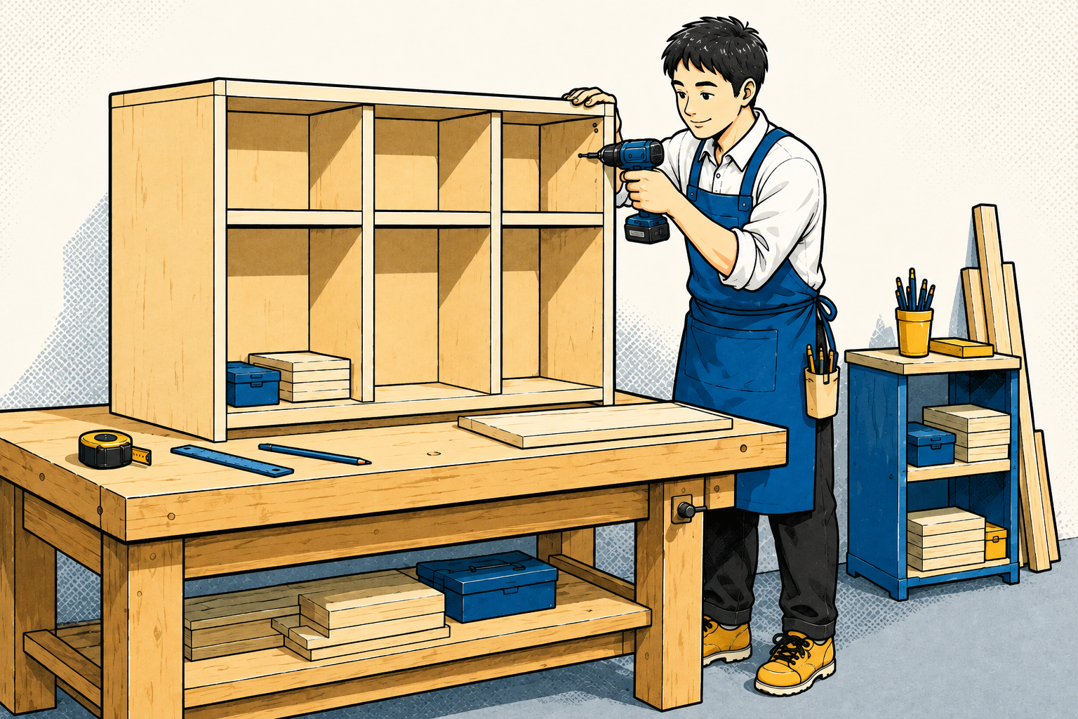 ファーストビューと同じ日本人スタッフが造作棚を制作するイラスト